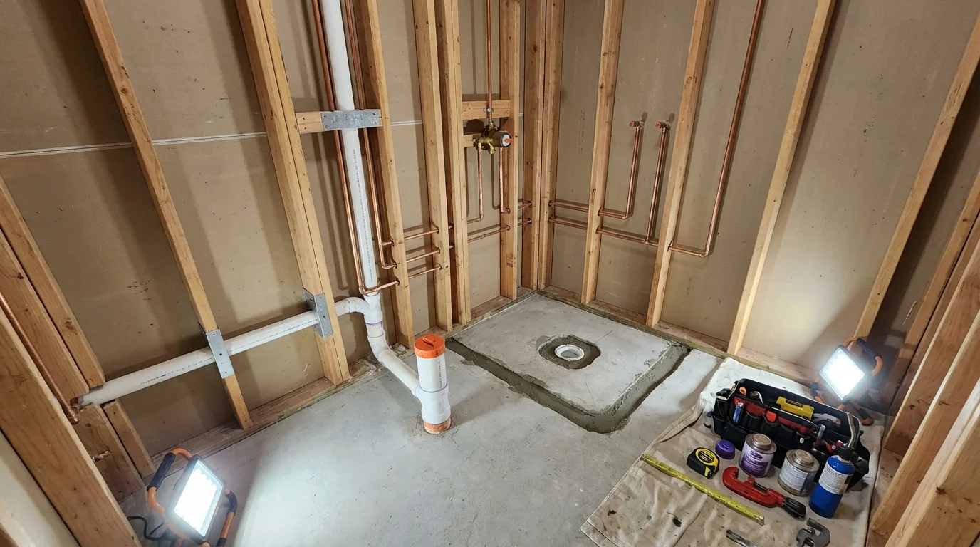 Bathroom rough-in plumbing during remodel by Johns Plumbing LLC in Dolgeville