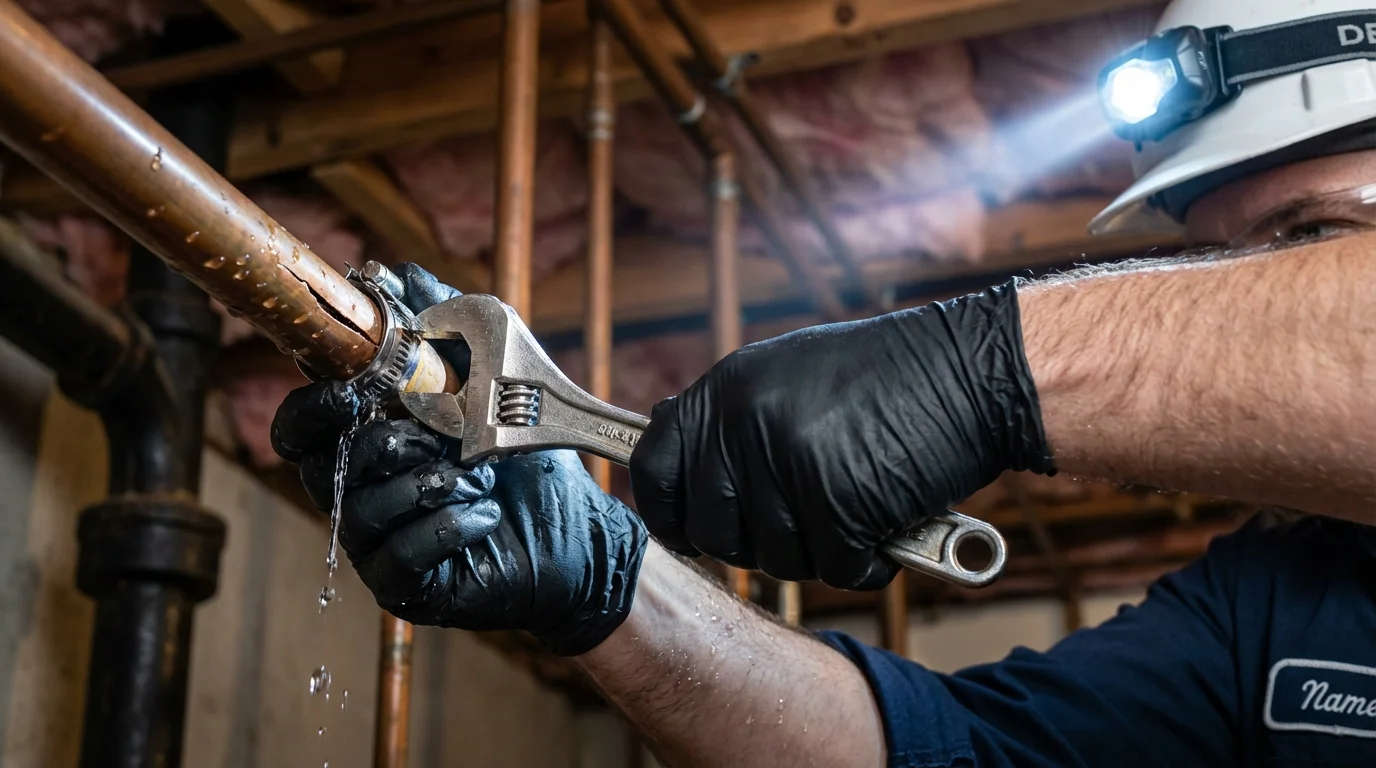 Emergency pipe clamp repair being performed by a Johns Plumbing LLC plumber in Dolgeville