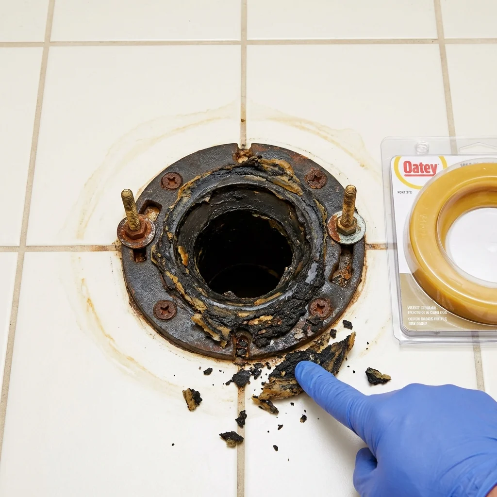 Failed wax ring showing water seepage at the base of a toilet in a Dolgeville, NY home
