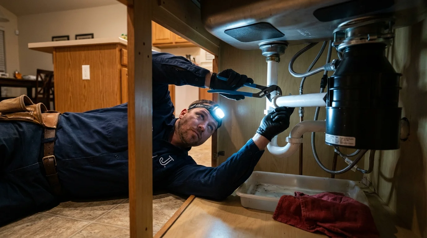 P-trap and supply line connections under a kitchen sink showing a common leak point in Dolgeville, NY